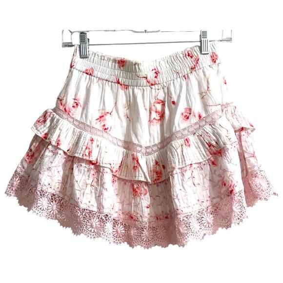 LoveShackFancy Tanisha Pink Lace Eyelet Mini Tiered Ruffle Floral Skirt S ($275) - Picture 2 of 7